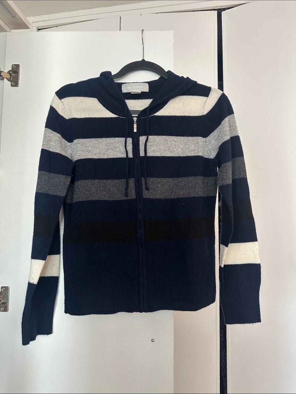 ply cashmere Navy, Gray and Cream Striped Zip Hoodie Cardigan